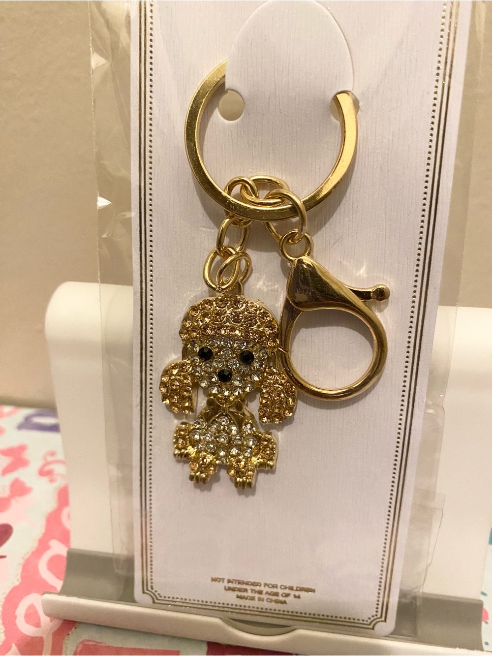 Gold Crystal Poodle Keychain Bag Charm- Women's Accessories